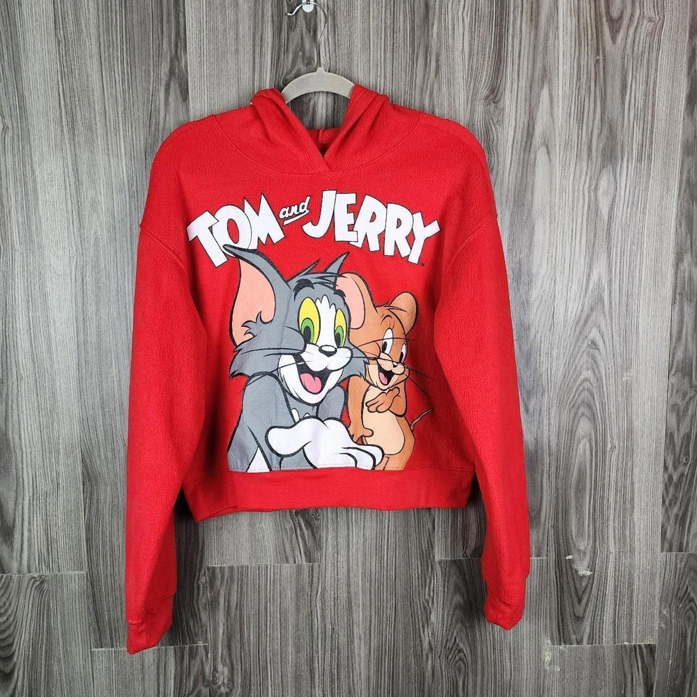 Tom and Jerry Red Fleece Cropped Hoodie Sweatshirt Womens‎ XXL Cartoon Graphic